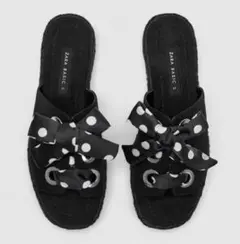 新品☆ZARA ザラ ドット柄リボン付きフラットサンダル ブラック
