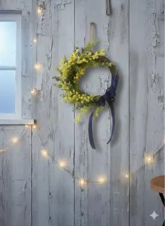 春リース♡ミモザとユーカリの花束風ハーフリース　三日月リース