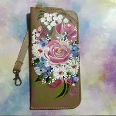 メガネケース　ループ付　トールペイント　手書き　ハンドメイド　ピンクローズ