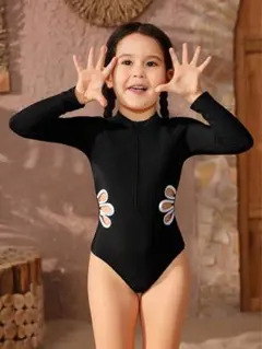 黒の花柄長袖ワンピース水着