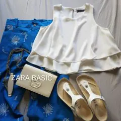ZARA BASIC ティアードノースリーブブラウス ショート丈 白 海外S
