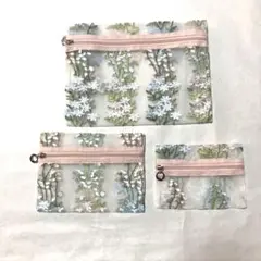 透明ポーチ　メッシュ　花柄　3個セット　ハンドメイドっぽい