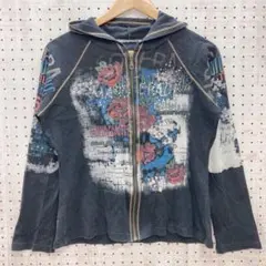 00sY2K 古着 掠れグラフィック ラインストーン ジップアップ パーカー