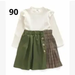ワンピース90 breezeブリーズ女の子チェックプリーツニットカーキ長袖