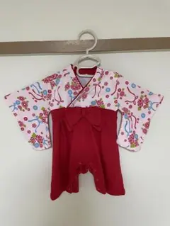 花柄リボン付き赤いロンパース　60サイズ袴ロンパース