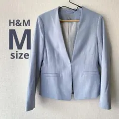 H&M ノーカラー ジャケット M 38 ライトブルー オフィス カジュアル