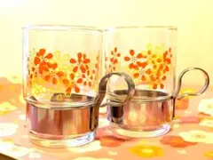 昭和レトロ 花柄 ガラスコップ2客セット ステンレスホルダー付 ヴィンテージ