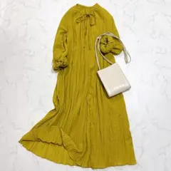 極美品✨ユナイテッドアローズ リボンシャツワンピース プリーツ 細見え マキシＦ