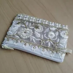 インド刺繍リボン装飾ポーチ ゴールド 10cmファスナー