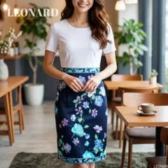 a34【極美品】LEONARD レオナール 花柄 半袖ワンピース 腰リボン L a34【極美品】LEONARD レオナール 花柄 半袖ワンピース 腰リボン L
