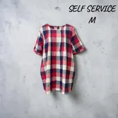 SELF SERVICE チェック柄 半袖ブラウス Mサイズ，綿麻のサムネイル