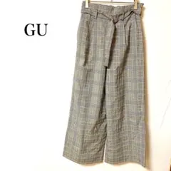 ＧＵ ワイドパンツ Ｓ 黒 白 チェック柄 ベルト付き ハイウエスト ポケット