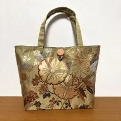 No.67 帯リメイク　刺繍オリーブグリーントートバッグ