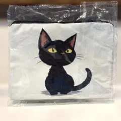 黒猫　フラットポーチ　グレー