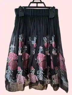 【LEST ROSE】スカート バラ刺繍 シフォン 黒 ブラック ウエストゴム