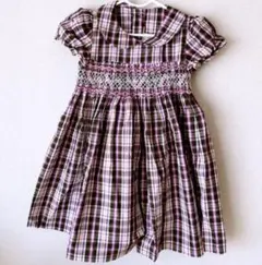 海外スモッキング 紫チェック柄半袖ワンピース 6T