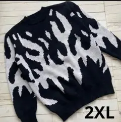 【新品】ファイヤー柄ニット セーターXXLブラック ホワイ ゆるダボ