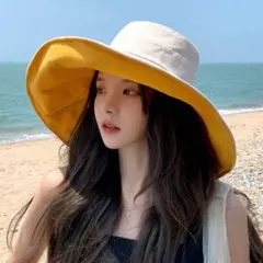 つば広帽子　イエローUVカット紫外線防止日焼け防止　バケットハット　リバーシブル