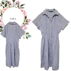 【ザラ】ZARAストライプ半袖襟付Vネックシャツワンピース前ボタン【S】青紫系