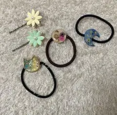 花 猫 月 ヘアピン ヘアゴム セット