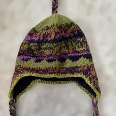 ニット帽子　ネパール製　ウール100% 耳当て付き　多国籍