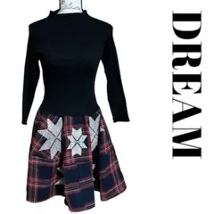 ワンピース　長袖　ニット　チェック　赤　レッド　黒　ブラック