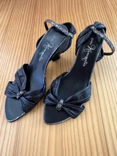 銀座かねまつブラックウエッジソ－ルサンダル 中ヒール24.5美品