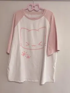 猫Tシャツ　ベビーピンク　L