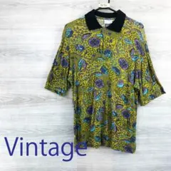 昭和レトロ 70s サイケ柄太ストライプシャツ ブラウス M程度 オールド 