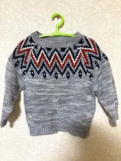 キッズ セーター 90 幾何学 グレー 厚手 オルテガ ノルディック柄