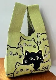 【新品未使用】ニットバッグ　トートバッグ　かぎ針編み　猫柄　キャット柄