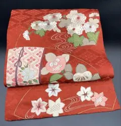 名古屋帯 洒落帯　高級　♢ 正絹　アンティーク　刺繍　花柄　流水　R403のサムネイル