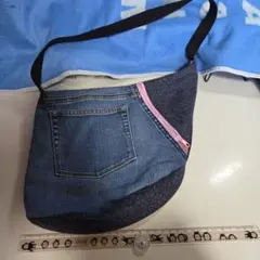 ハンドメイド　デニム　ハンドバッグ ピンクファスナー