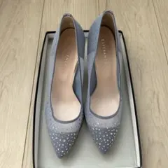 新品　エスペランサ　ラインストーン付きチュールパンプス　結婚式　ラメ　ブルー