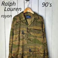 90s ラルフローレン カントリー絵画 総柄開襟レーヨンシャツ 9 アート画