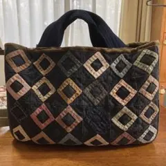 パッチワークキルト 大きめ横長のトートバッグ ハンドメイド ダークグレー