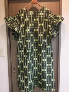 紬　フリル袖ロングワンピース　グリーン　ハンドメイド