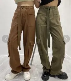 ミームセレクト カーゴパンツ　カーキ 綿100 韓国 カジュアル Sサイズ