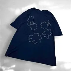 プランテーション　花柄刺繍 半袖Tシャツ　ネイビー　葉模様柄　Mサンプル（B3