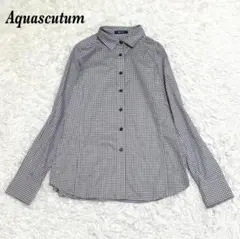 【美品】Aquascutum 長袖 シャツ ウエストシェイプ ブラウン 千鳥格子