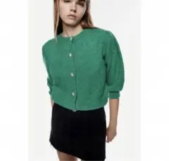 ZARAザラ・グリーン ビジューボタン ニット カーディガン