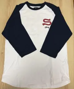 STUSSYラグランスリーブ ホワイト/ネイビー Lサイズ