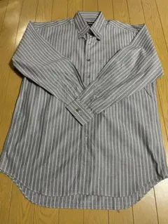 美品　綿100% メンズ ボタンダウンシャツMストライプ ブルーグレー上質生地