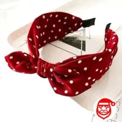 ●カチューシャ　ヘアバンド　レディース　白水玉　幅広　太め　リボン　赤　韓国洗顔