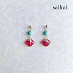 [856]チェコガラスとターコイズのバイカラーピアス レッド エメラルド