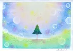 【額無し】A4サイズ　パステルアート　彩の空と希望の木　パステル画原画