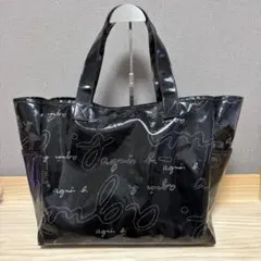 agnes b. VOYAGE エナメルトートバッグ 大容量 黒 ロゴ柄 難あり