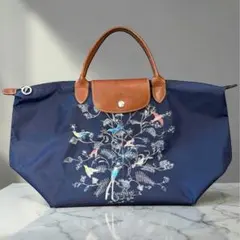 極希少　ロンシャン　トートバッグ　ナイロン　レザー　刺繍　鳥　肩掛　A4可