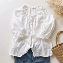 美品✨サマンサモスモス ☆レース襟×袖 7分袖綿麻ブラウス ナチュラル 白 M