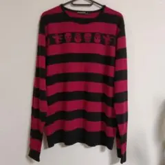 OPTIMISTIC スカルモチーフ ストライプ ニット 黒/ピンク　М